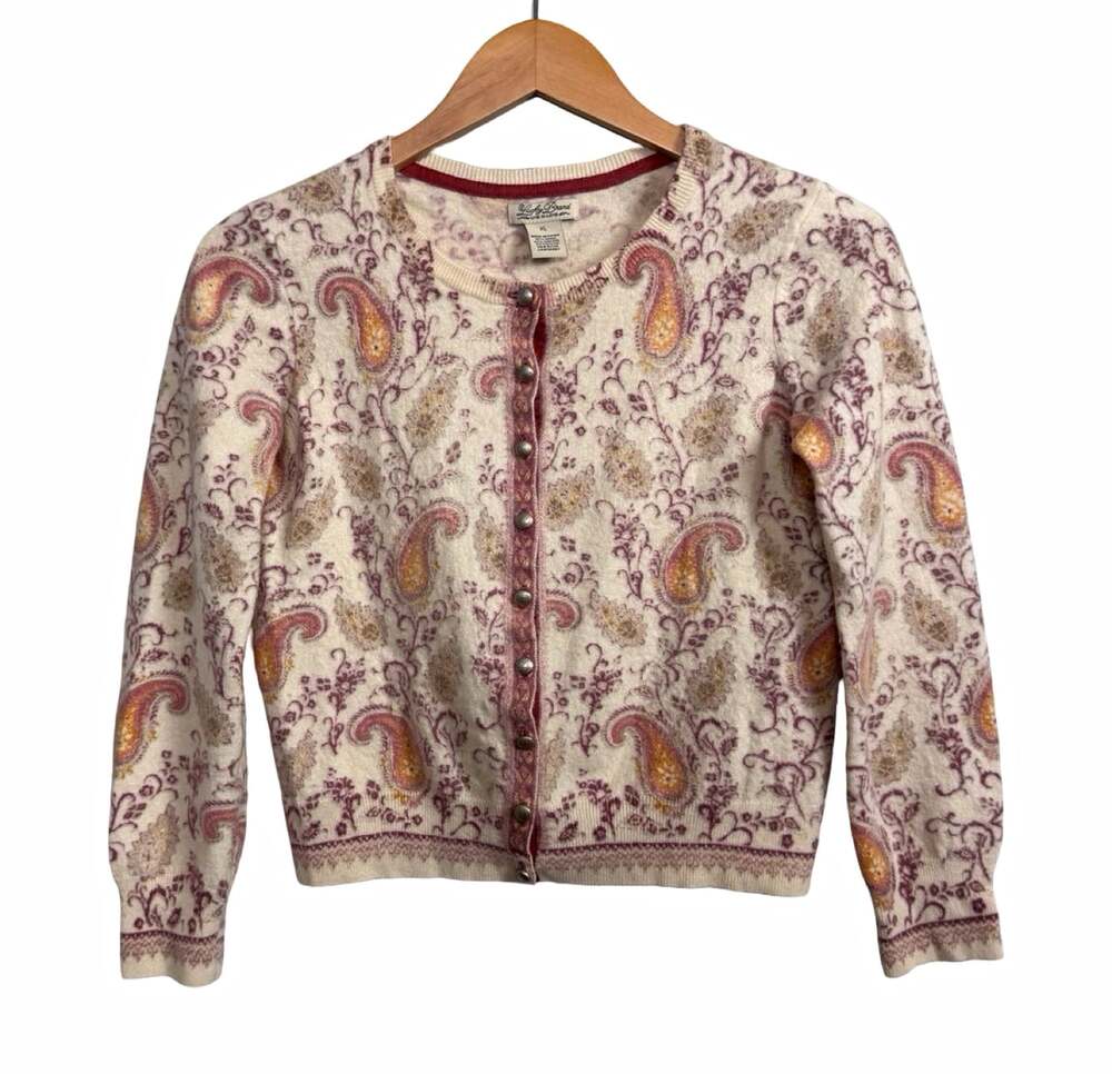 Women’s Lucky Brand Beige Paisley Knit Button Front Round Neck Cardigan Small
